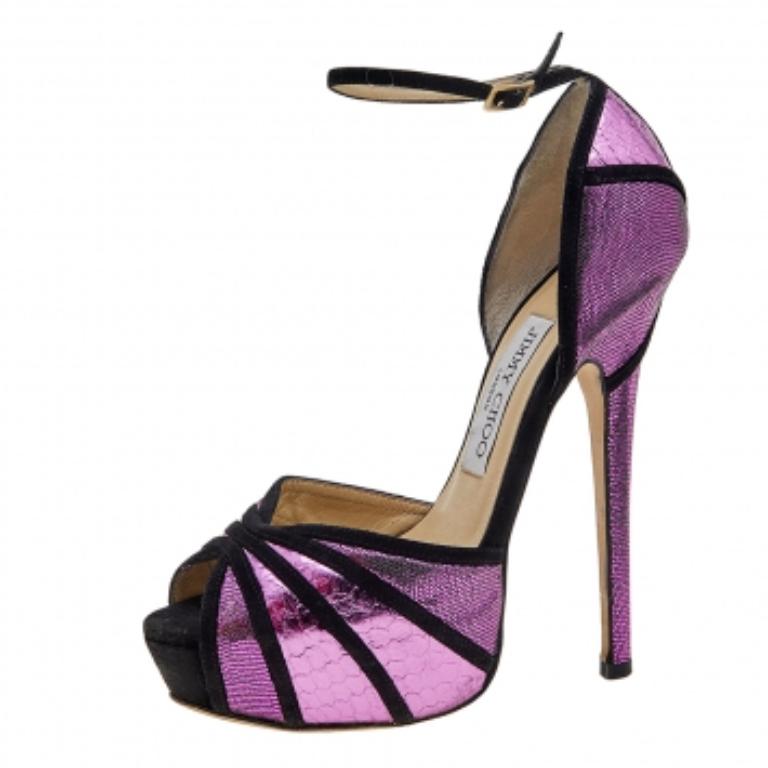 Jimmy Choo Python Embossed Leather & Suede Platform Ankle Strap Sandals Size 36 For Sale 4