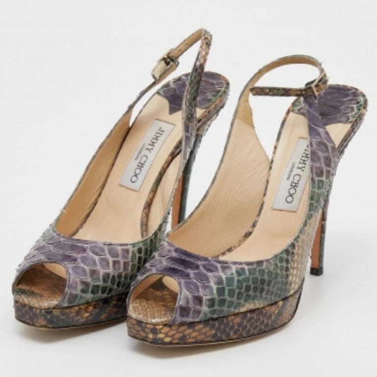 Jimmy Choo Python Leder Peep Toe Plattform Nova Slingback Sandalen Größe 39.5 im Zustand „Gut“ im Angebot in Dubai, Al Qouz 2