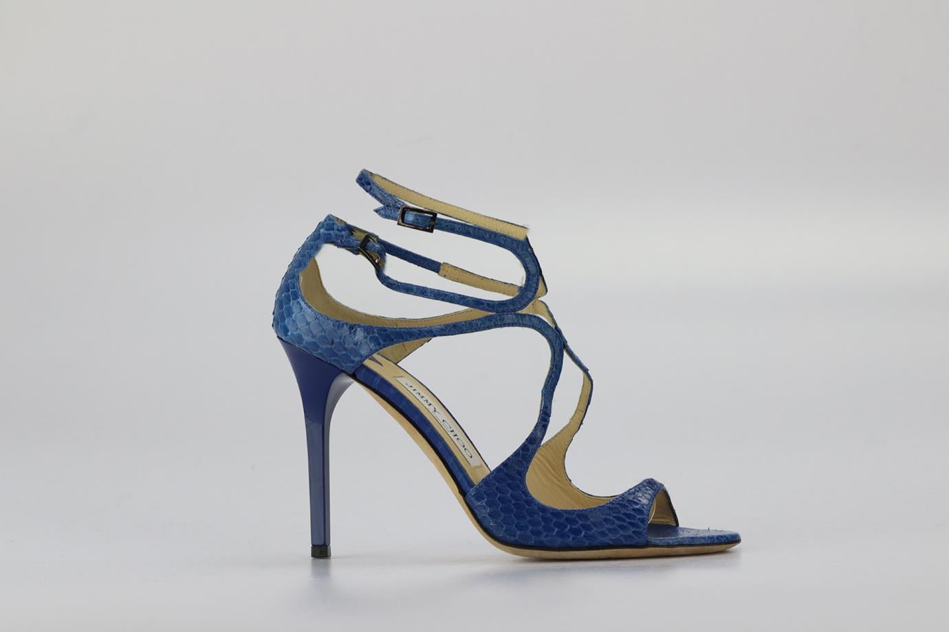 Jimmy Choo Python Sandals. Blue. Buckle fastening - Side. Does not come with - dustbag or box. EU 38.5 ( UK 5.5, US 8.5). Insole: 9.6 in. Heel height: 3 in. Condition: Used. Very good condition - Some wear to soles. Light wear to upper material; see