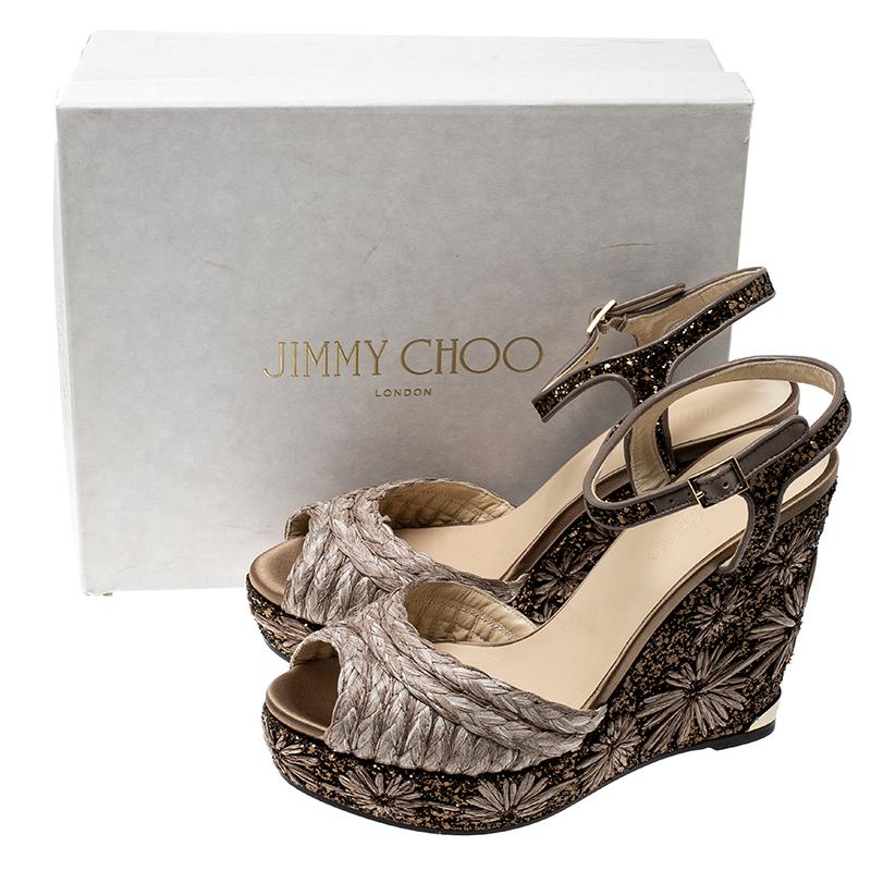 Jimmy Choo Raffia and Embroidered Coarse Glitter Perla Peep Toe Wedge Sandals 3