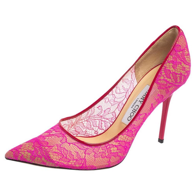 Jimmy Choo Raspberry Pink Lace and Leather Abel Pointed Toe Pumps Size 37.5  at 1stDibs