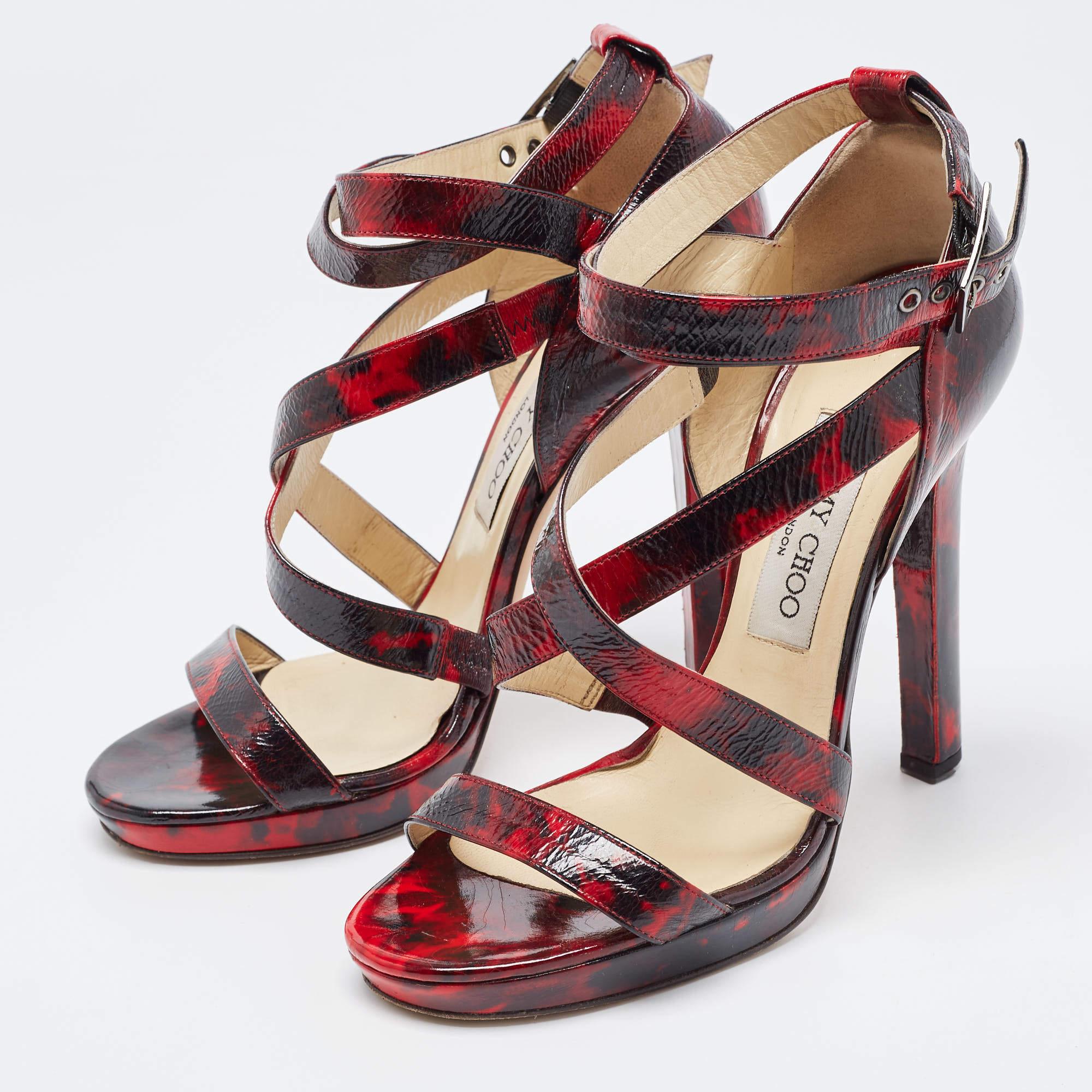 Jimmy Choo Red/Black Leather Criss Cross Ankle Strap Sandals Size 37.5 In Good Condition For Sale In Dubai, Al Qouz 2
