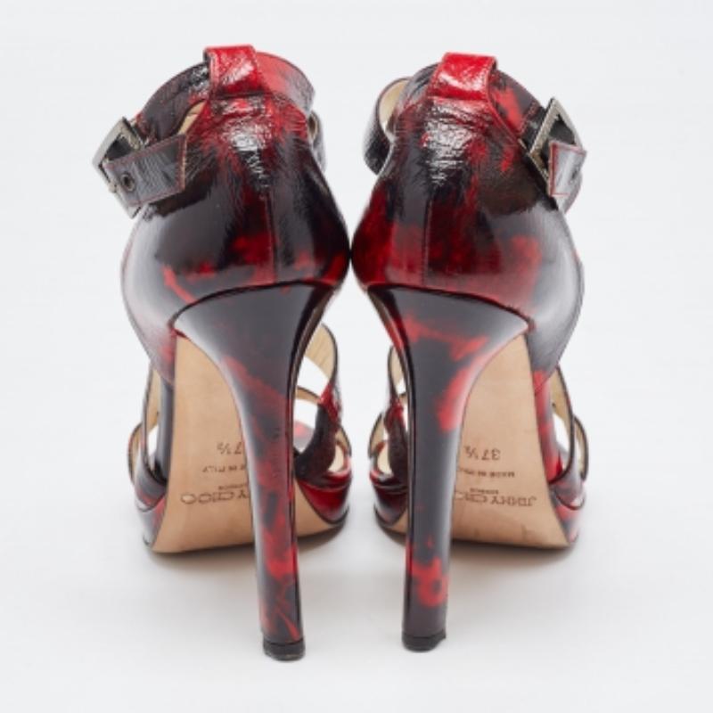 Jimmy Choo Rot/Schwarz Leder Criss Cross Riemchensandalen Größe 37.5 im Zustand „Gut“ im Angebot in Dubai, Al Qouz 2