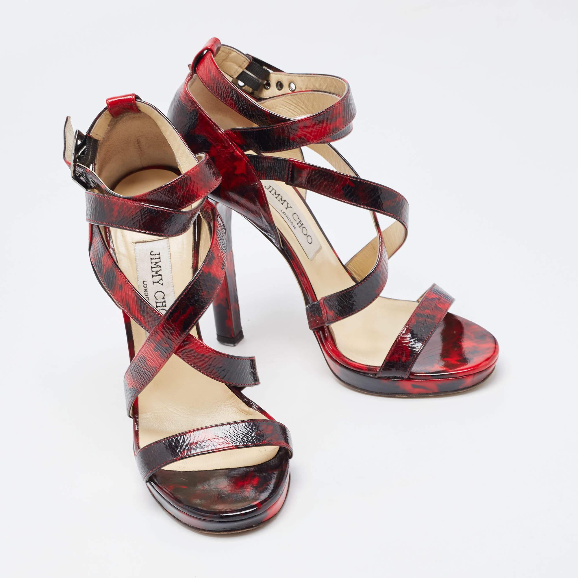 Jimmy Choo Red/Black Leather Criss Cross Ankle Strap Sandals Size 37.5 For Sale 2