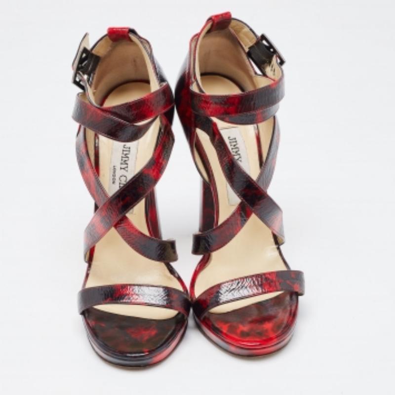 Jimmy Choo Rot/Schwarz Leder Criss Cross Riemchensandalen Größe 37.5 im Angebot 2