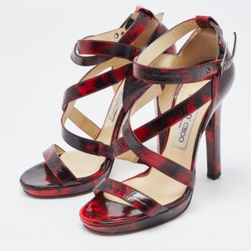 Jimmy Choo Rot/Schwarz Leder Criss Cross Riemchensandalen Größe 37.5 im Angebot 3