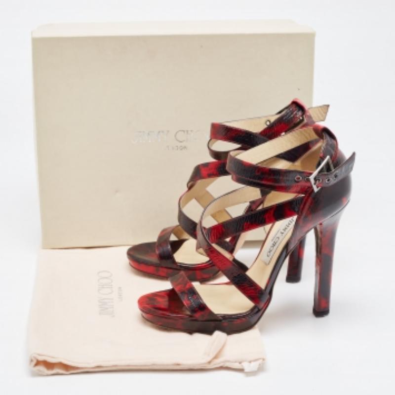 Jimmy Choo Rot/Schwarz Leder Criss Cross Riemchensandalen Größe 37.5 im Angebot 4