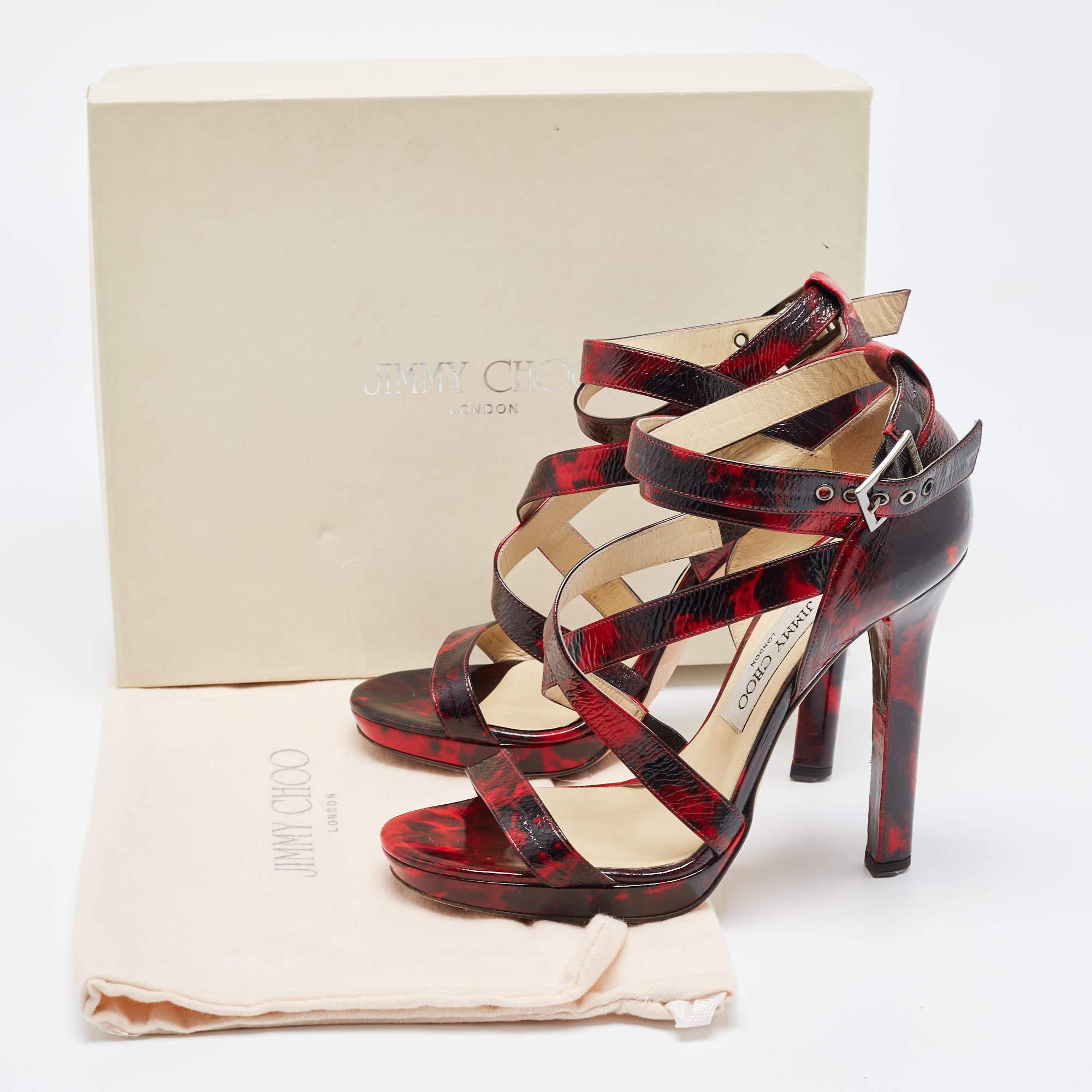 Jimmy Choo Red/Black Leather Criss Cross Ankle Strap Sandals Size 37.5 For Sale 5