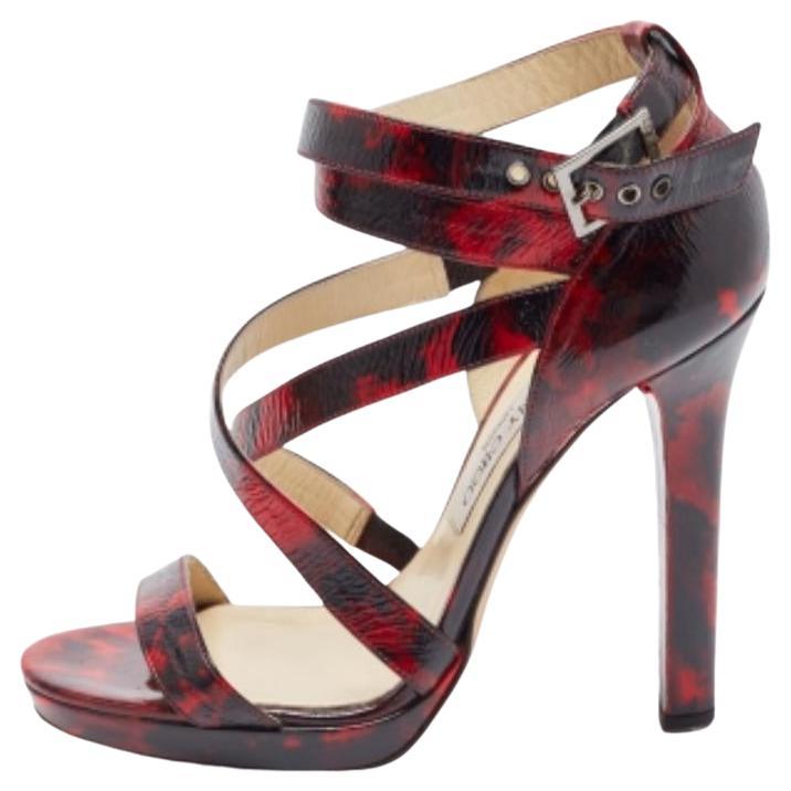 Jimmy Choo Rot/Schwarz Leder Criss Cross Riemchensandalen Größe 37.5