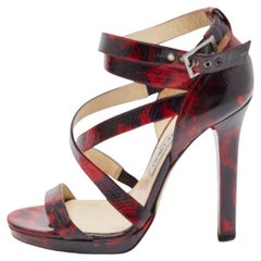 Jimmy Choo Rot/Schwarz Leder Criss Cross Riemchensandalen Größe 37.5