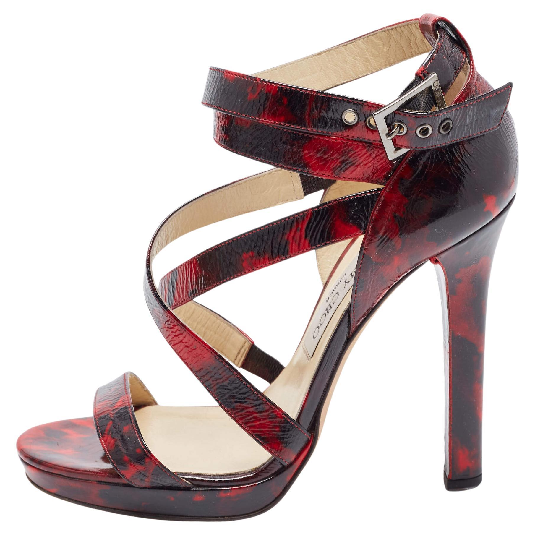 Jimmy Choo Red/Black Leather Criss Cross Ankle Strap Sandals Size 37.5 For Sale