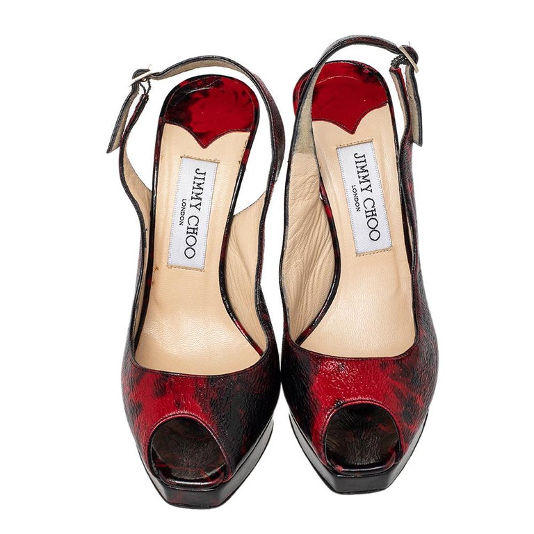 Jimmy Choo Red/Black Patent Leather Clue Peep Toe Slingback Sandals