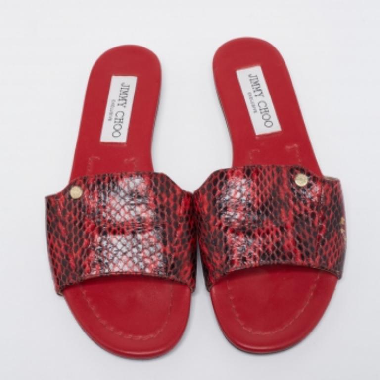 Brown Jimmy Choo Red/Black Python Leather Nanda Flat Slides Size 36 For Sale