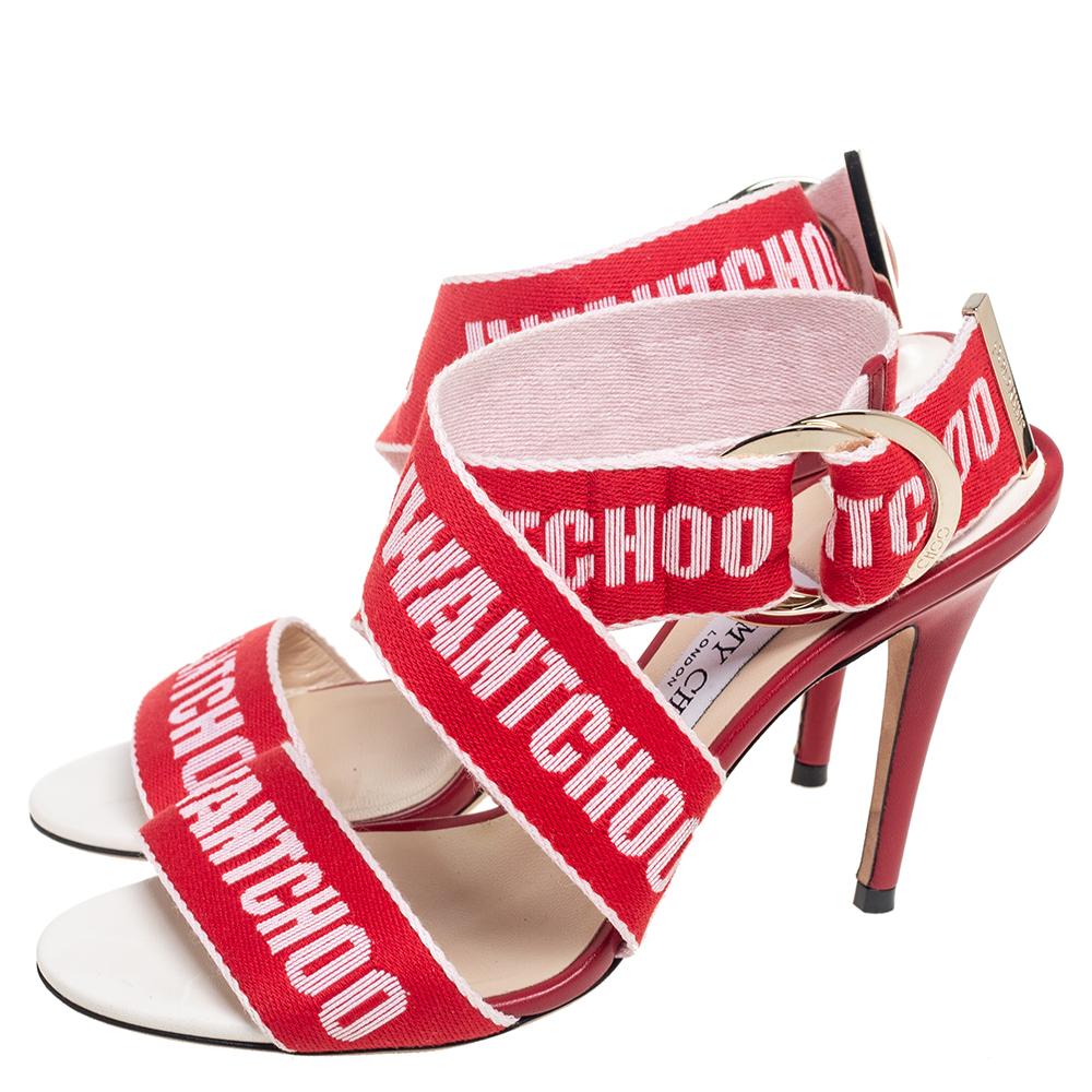 Jimmy Choo Red Canvas Bailey Ankle Wrap Sandals Size 37.5 In Good Condition In Dubai, Al Qouz 2