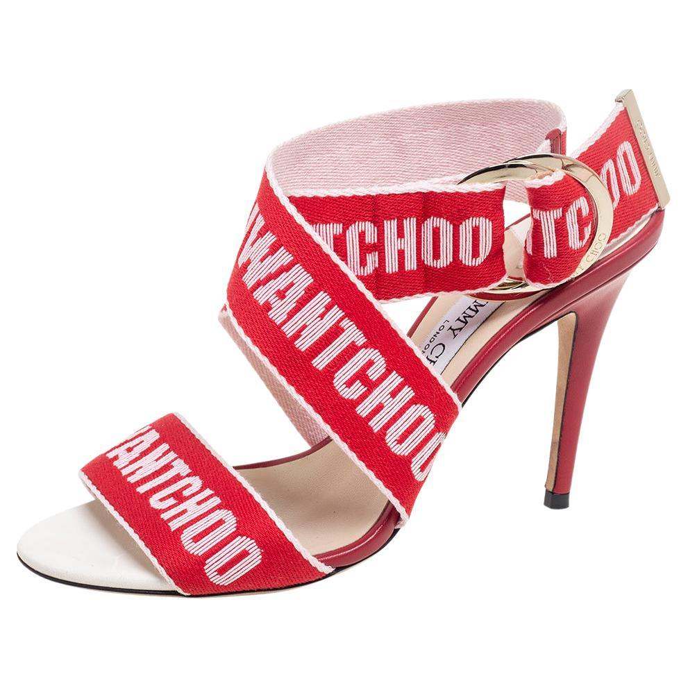 Jimmy Choo Red Canvas Bailey Ankle Wrap Sandals Size 37.5