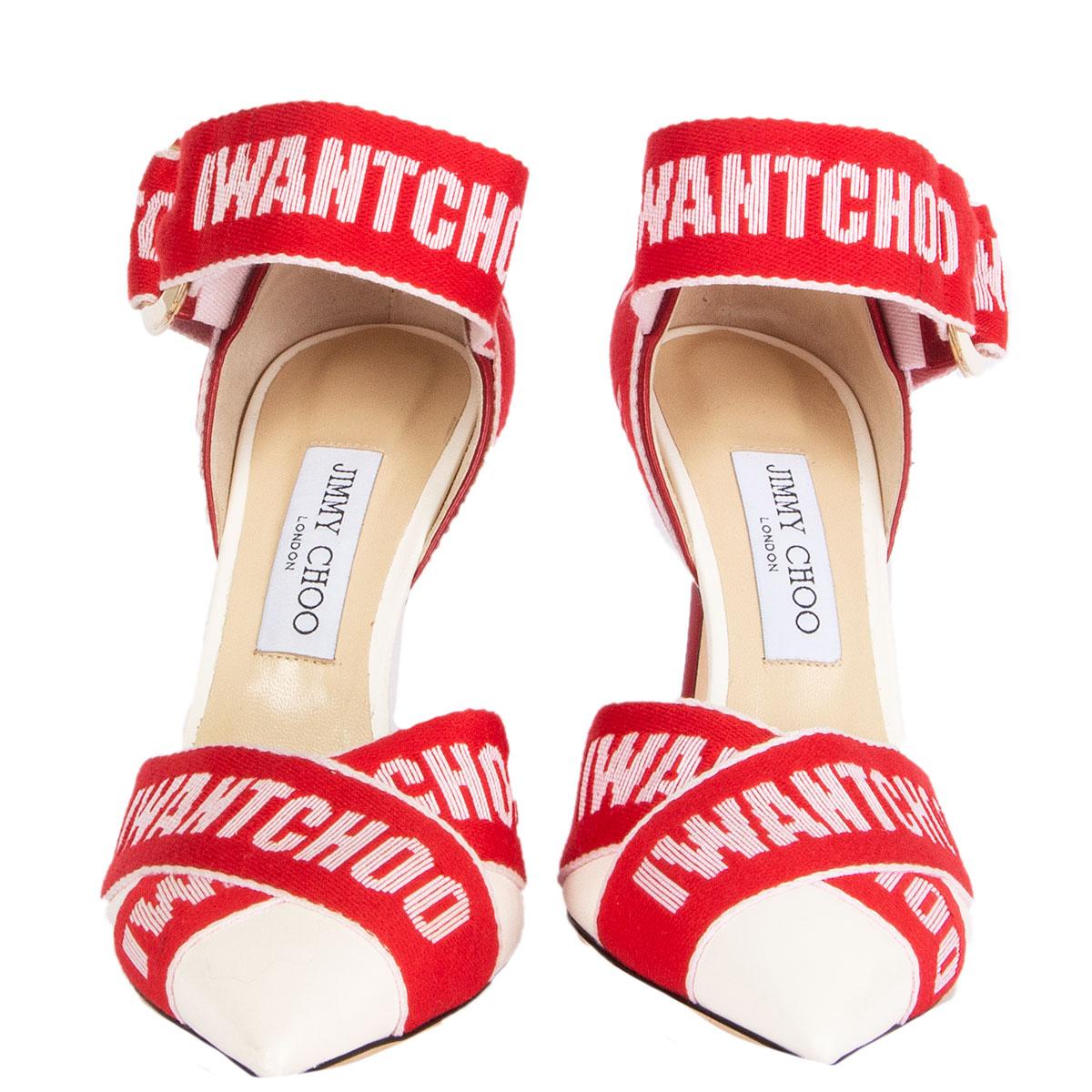100% authentic Jimmy Choo Bea 100 pointed-toe pumps in red and off-white logo tape with light gold-tone metal buckle fastening at the ankle. Off-white and red leather tip and heel. Brand new. Come with dust bag. 

Imprinted Size	39
Shoe