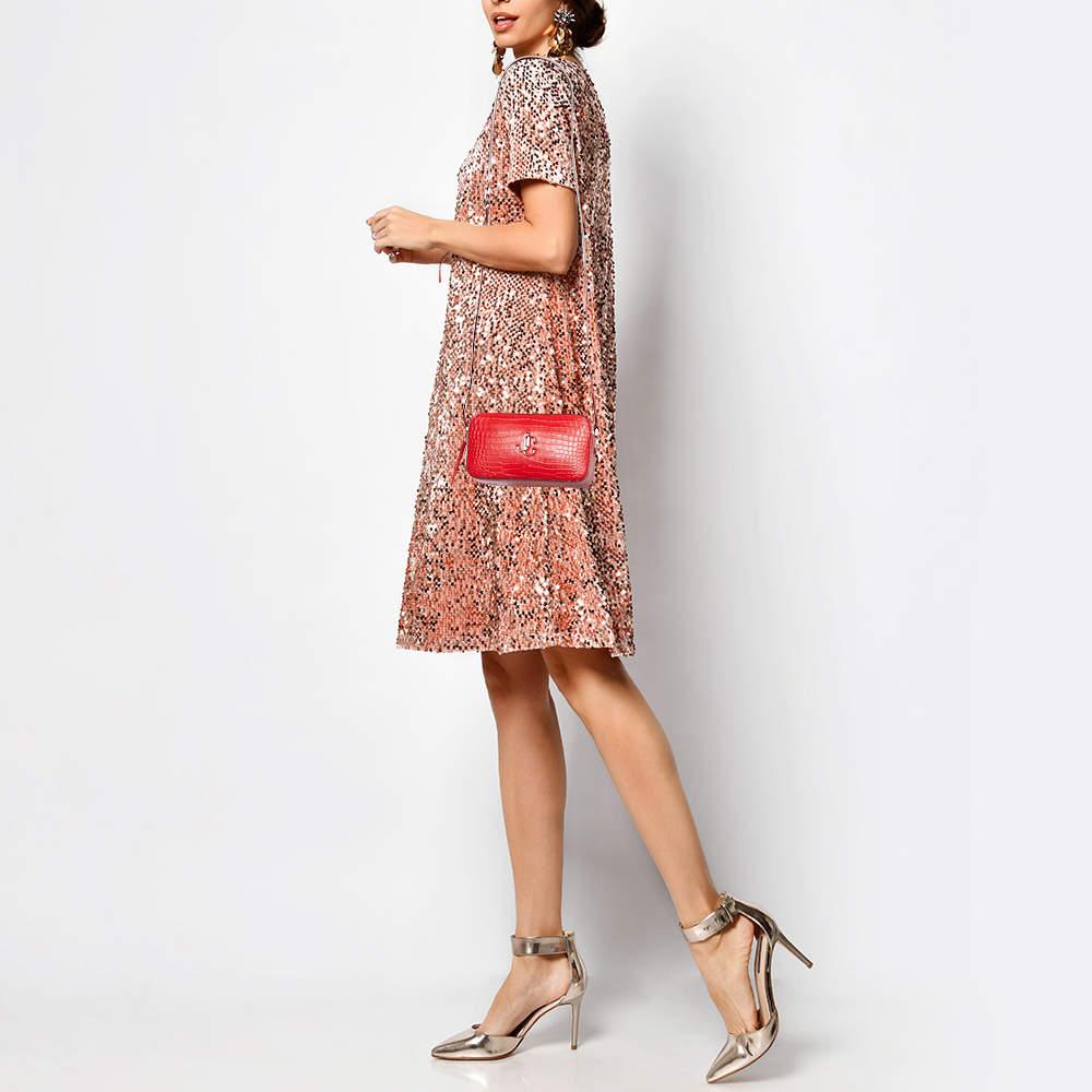 Jimmy Choo Red Croc Embossed Leather Varenne Camera Bag In New Condition In Dubai, Al Qouz 2