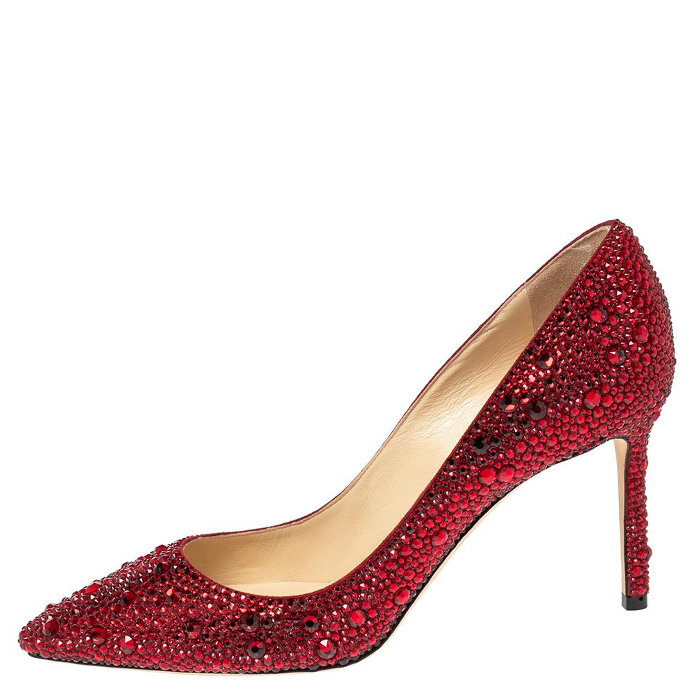 Brown Jimmy Choo Red Crystal Embellished Romy Pumps Size 40