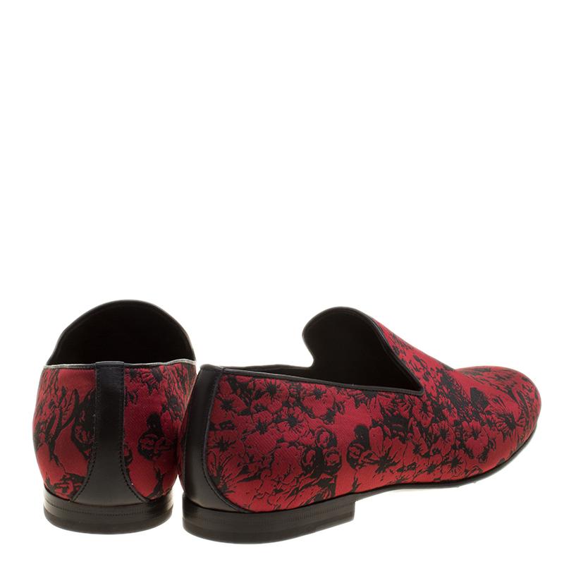 Brown Jimmy Choo Red Floral Jacquard Fabric Sloane Smoking Slippers Size 42