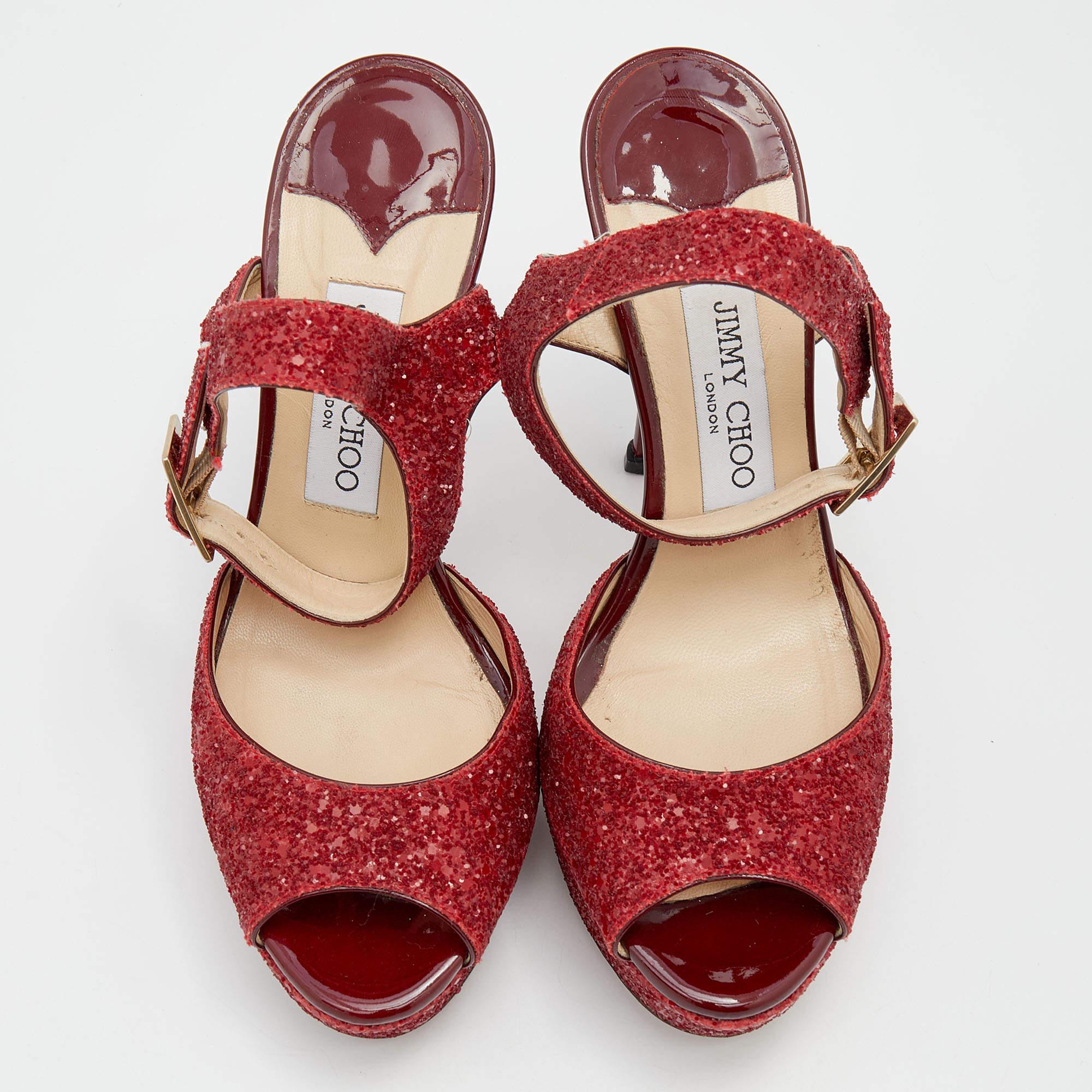 Brown Jimmy Choo Red Glitter Linda Platform Ankle Strap Sandals Size 37.5