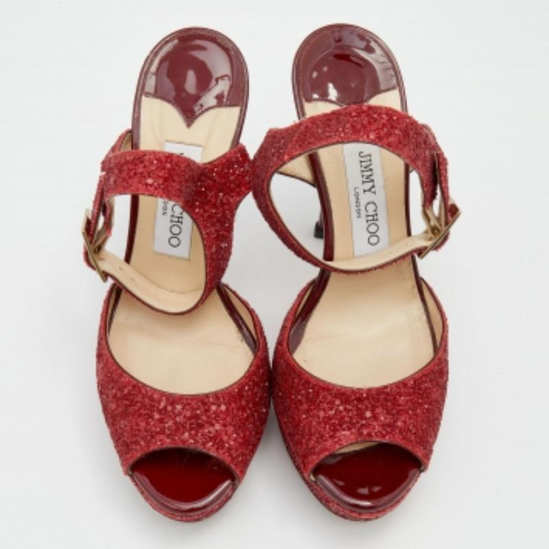 Brown Jimmy Choo Red Glitter Linda Platform Ankle Strap Sandals Size 37.5 For Sale