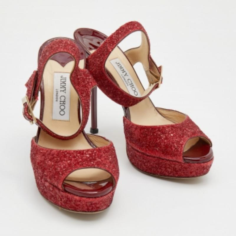 Jimmy Choo Red Glitter Linda Platform Ankle Strap Sandals Size 37.5 In Good Condition For Sale In Dubai, Al Qouz 2