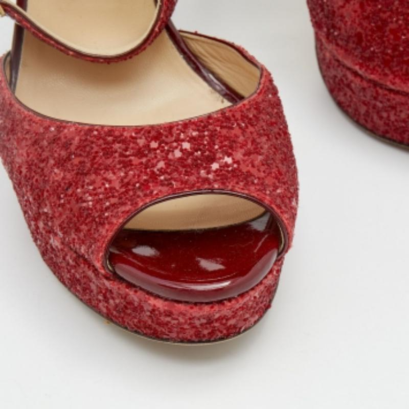 Women's Jimmy Choo Red Glitter Linda Platform Ankle Strap Sandals Size 37.5 For Sale