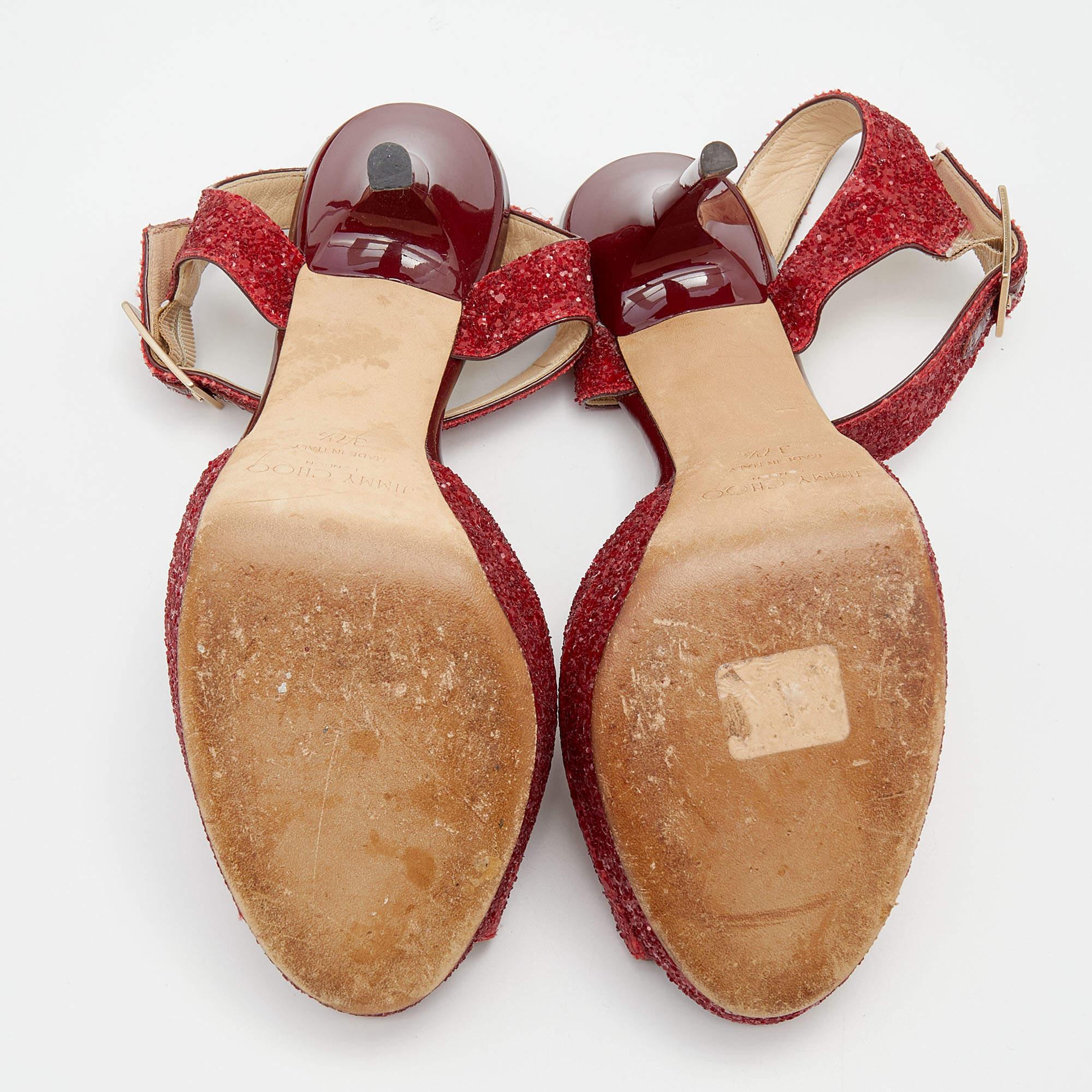 Jimmy Choo Red Glitter Linda Platform Ankle Strap Sandals Size 37.5 1