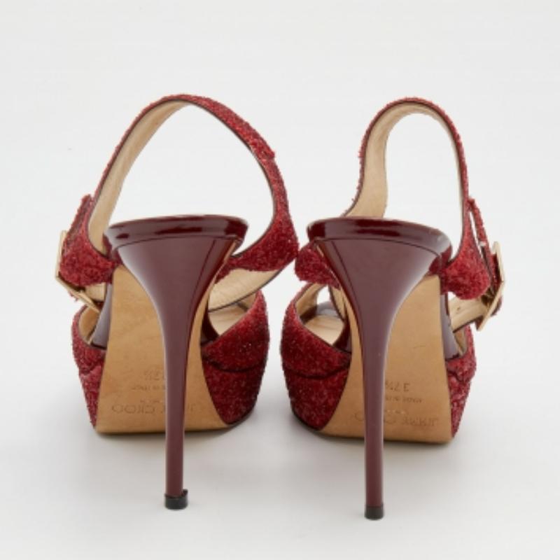 Jimmy Choo Red Glitter Linda Platform Ankle Strap Sandals Size 37.5 For Sale 1