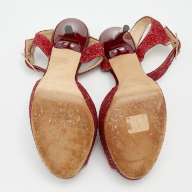 Jimmy Choo Red Glitter Linda Platform Ankle Strap Sandals Size 37.5 For Sale 2