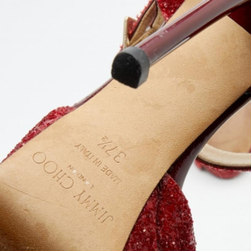 Jimmy Choo Red Glitter Linda Platform Ankle Strap Sandals Size 37.5 For Sale 3