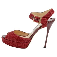 Jimmy Choo Red Glitter Linda Platform Ankle Strap Sandals Size 37.5