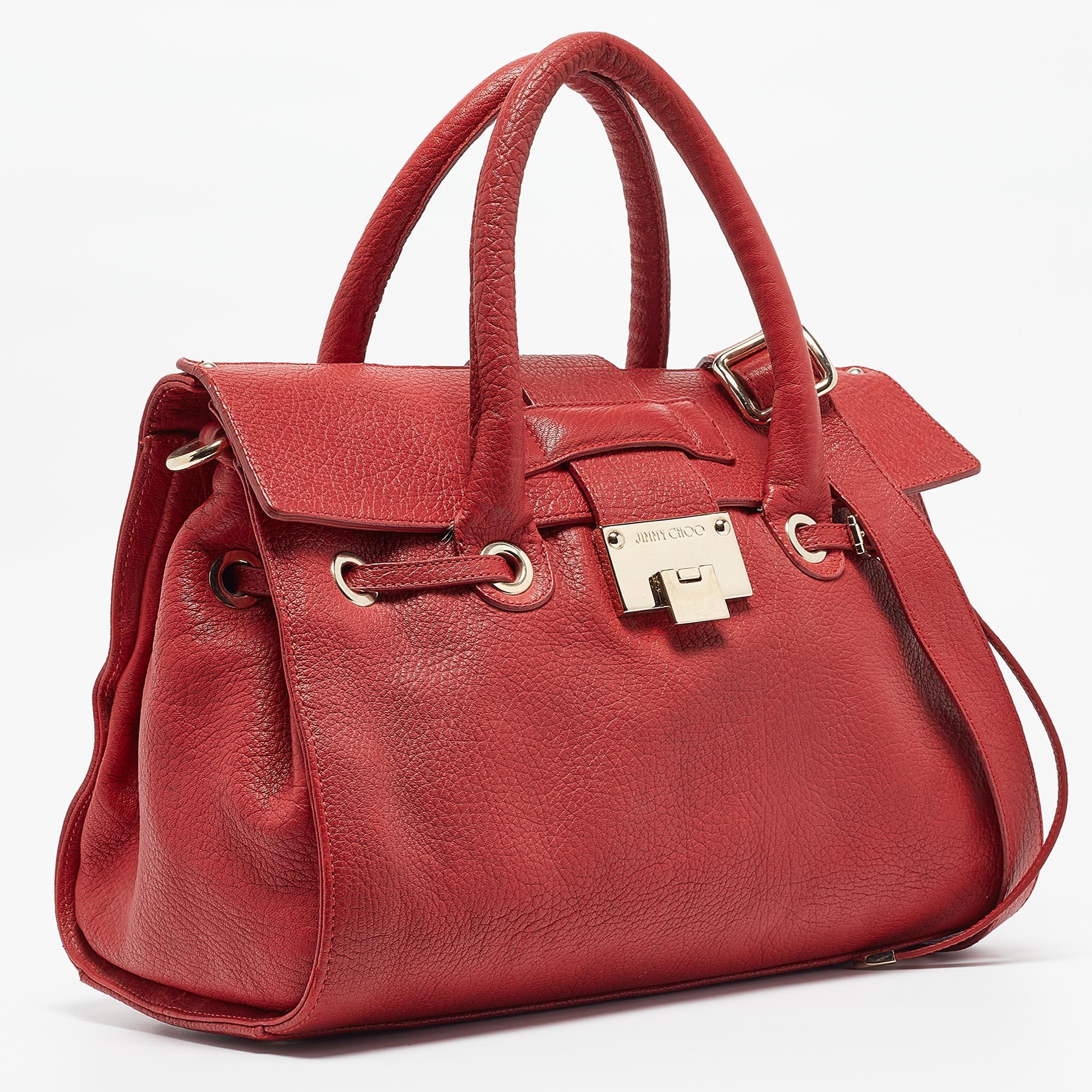 Brown Jimmy Choo Red Grainy Leather Rosalie Top Handle Bag