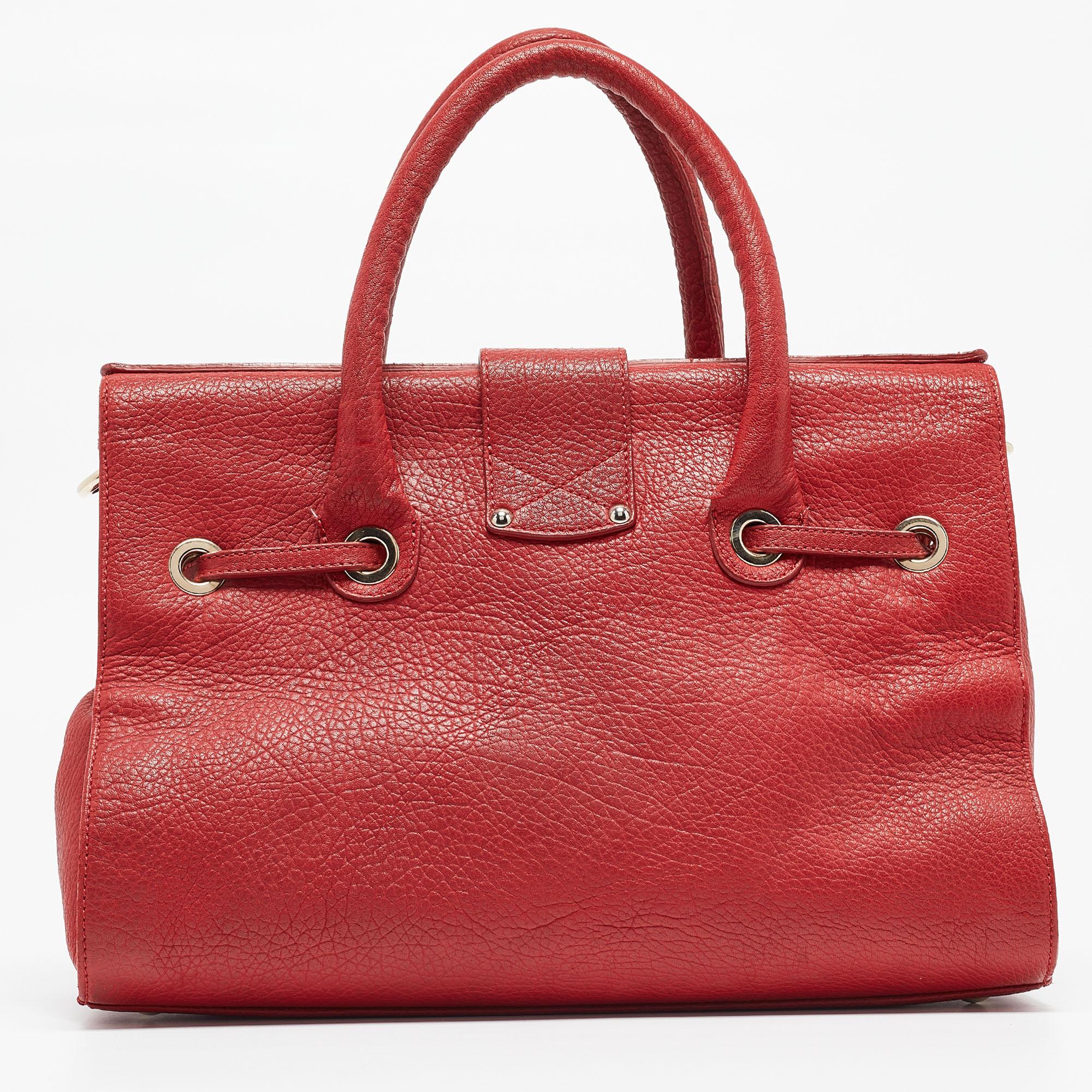 Jimmy Choo Red Grainy Leather Rosalie Top Handle Bag In Good Condition In Dubai, Al Qouz 2