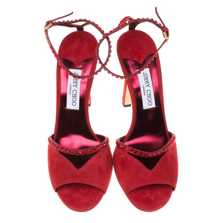 Jimmy Choo Red Kara Crystal Embellished Ankle Strap Peep Toe Sandals ...