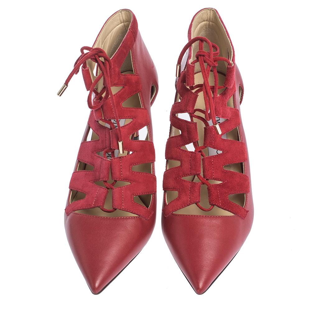 Jimmy Choo Red Leather and Suede Dixon Cut Out Pointed Toe Pumps Size 35.5 In Excellent Condition In Dubai, Al Qouz 2