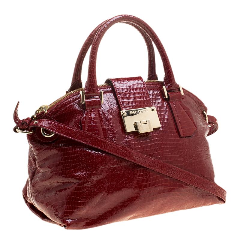 Jimmy Choo Red Lizard Embossed Patent Leather Romeo Satchel In Good Condition In Dubai, Al Qouz 2