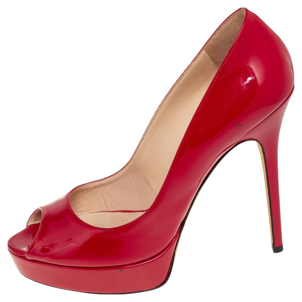 Jimmy Choo Red Patent Leather Peep Toe Platform Pumps Size 39.5 at