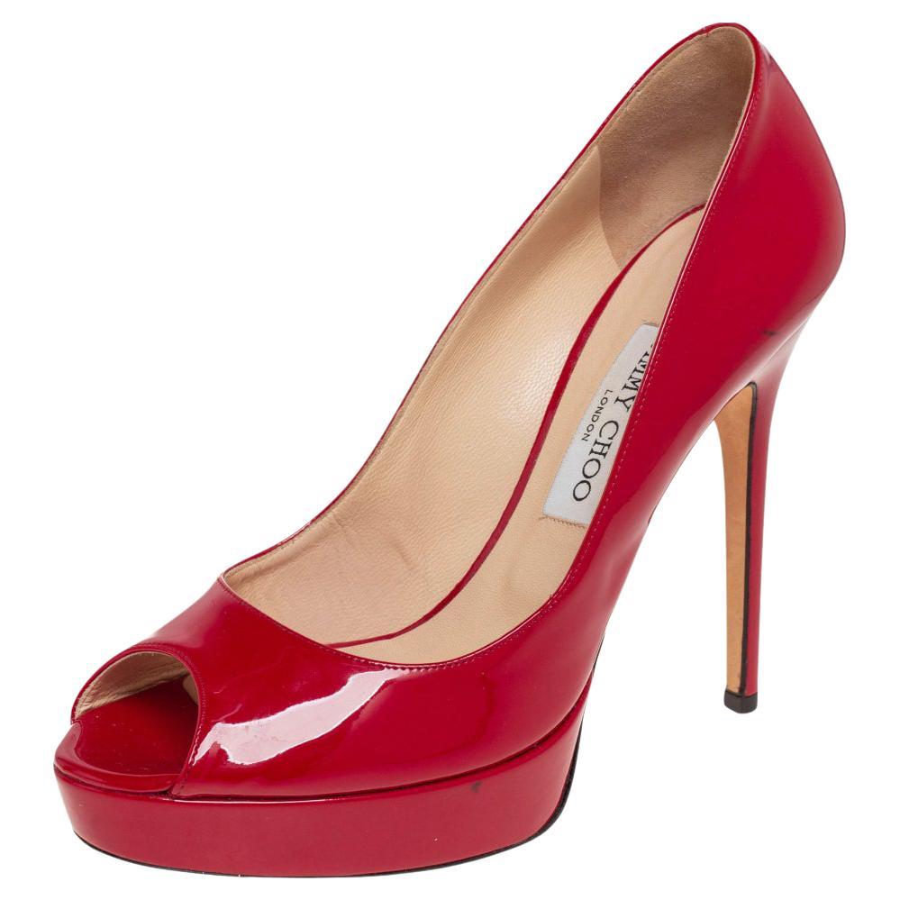 Jimmy Choo Red Patent Leather Peep Toe Platform Pumps Size 39.5