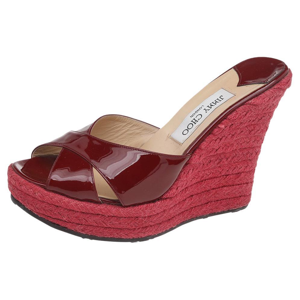 Jimmy Choo Red Patent Leather Phyllis Wedge Platform Espadrille Sandals Size 40 For Sale