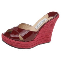 Jimmy Choo Red Patent Leather Phyllis Wedge Platform Espadrille Sandals Size 40