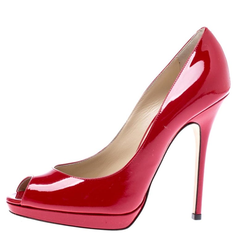 Jimmy Choo Red Patent Leather Quiet Peep Toe Pumps Size 37.5 For Sale ...