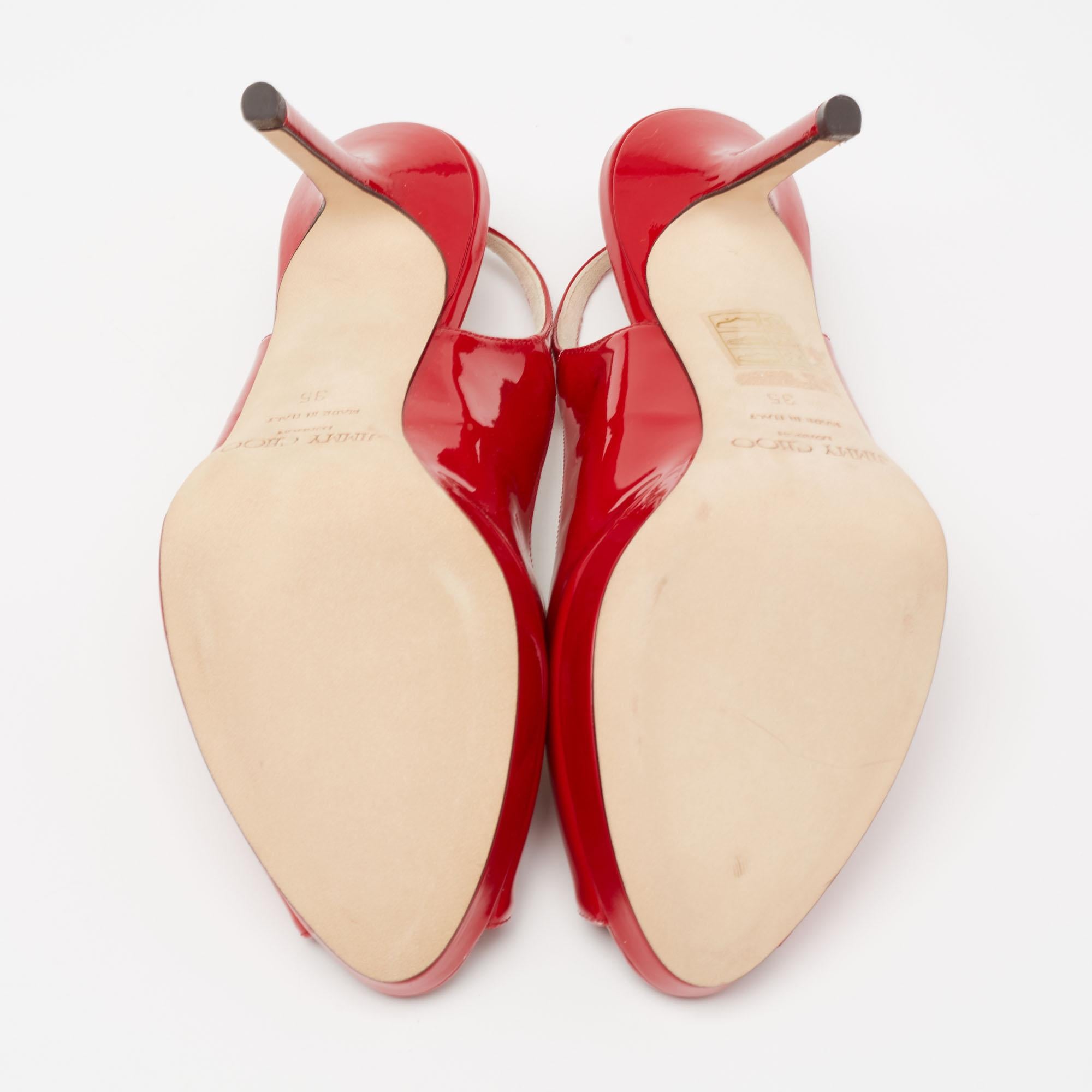 Jimmy Choo Red Patent Leather Vita Peep Toe Platform Slingback Sandals Size 35 In Excellent Condition In Dubai, Al Qouz 2