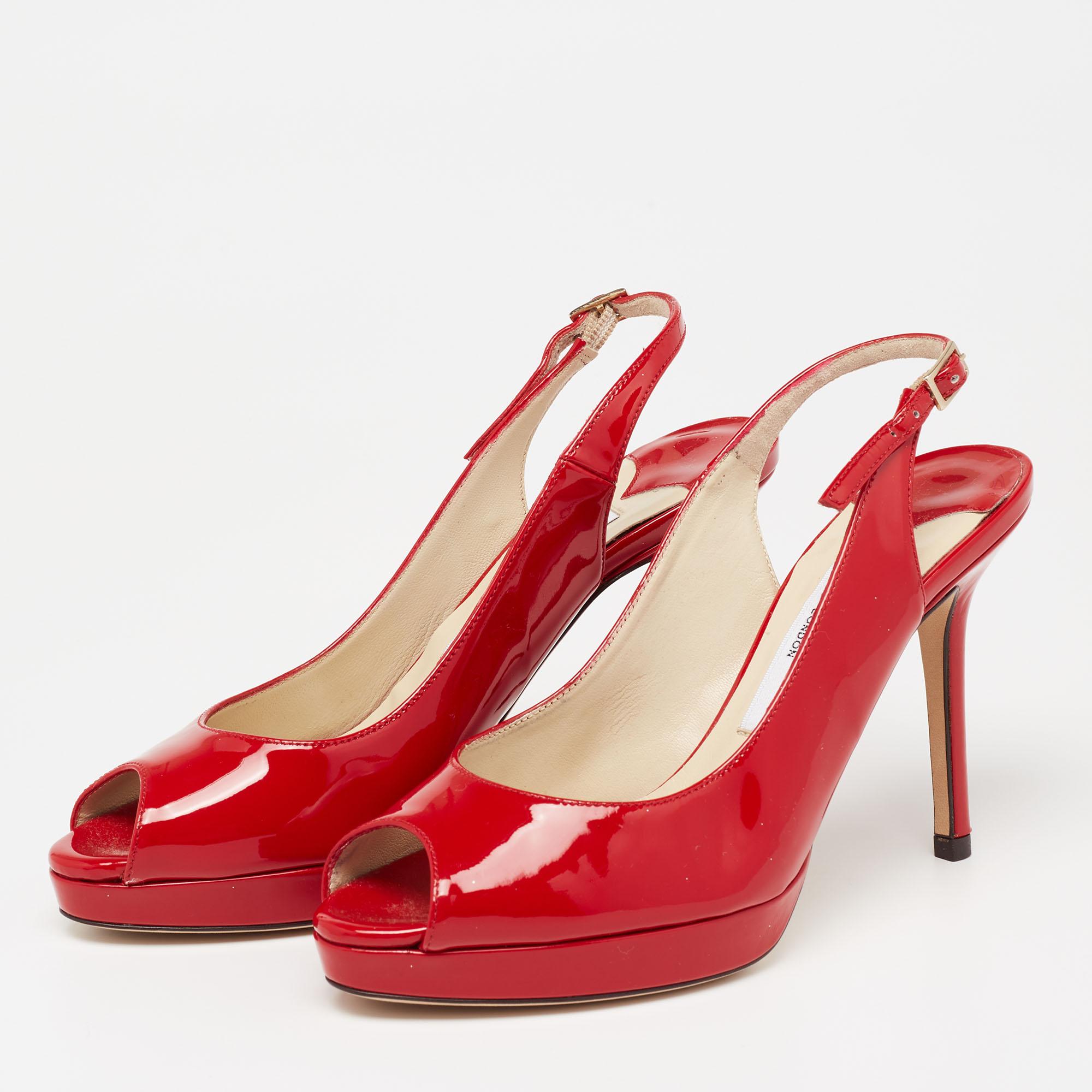 Women's Jimmy Choo Red Patent Leather Vita Peep Toe Platform Slingback Sandals Size 35