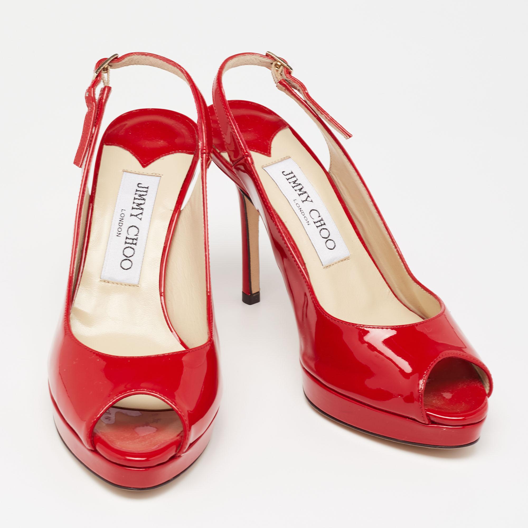 Jimmy Choo Red Patent Leather Vita Peep Toe Platform Slingback Sandals Size 35 2