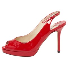 Jimmy Choo Red Patent Leather Vita Peep Toe Platform Slingback Sandals Size 35