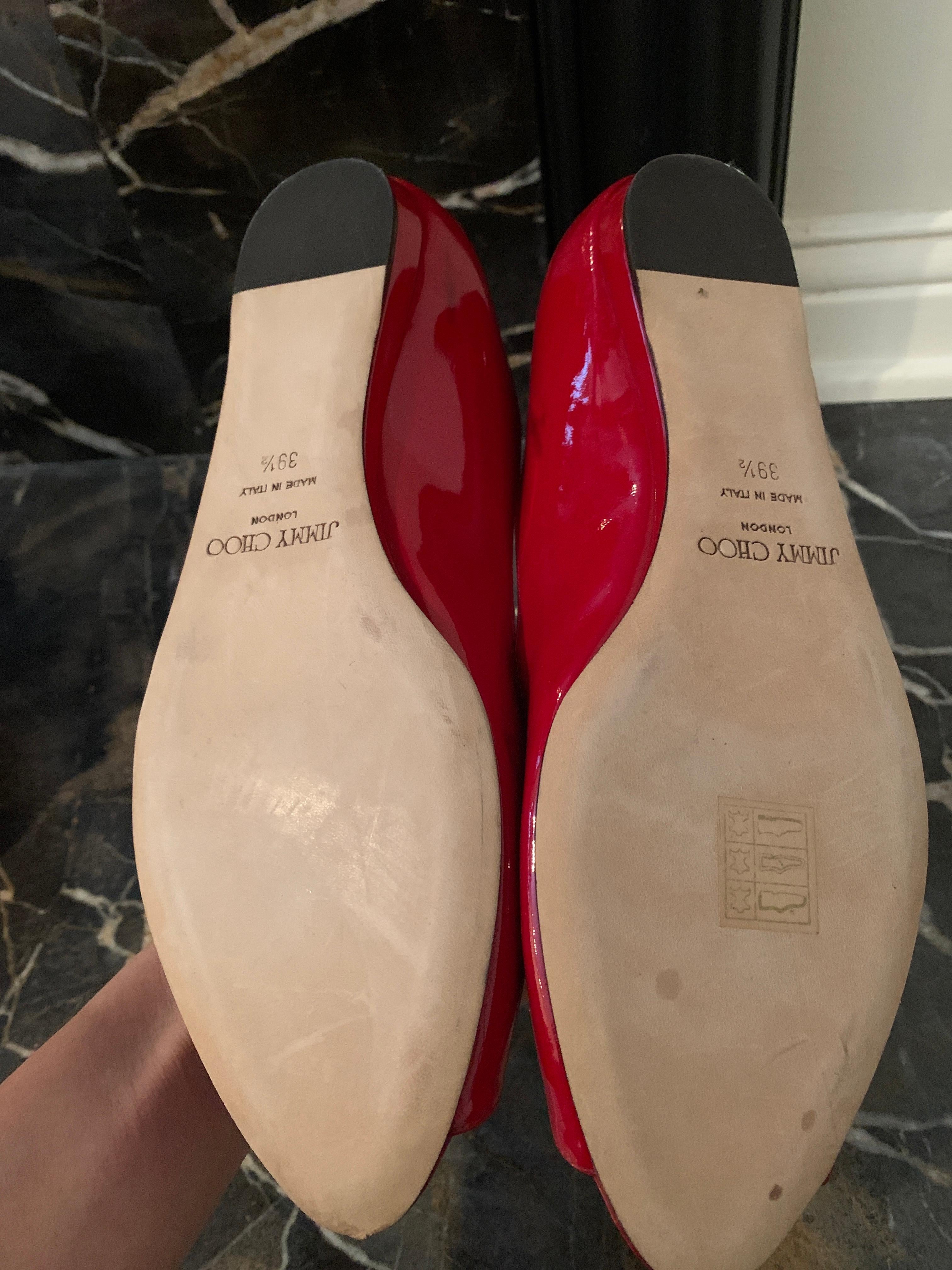 Brown Jimmy Choo Red Patent Peep Toe Flats Size 40 