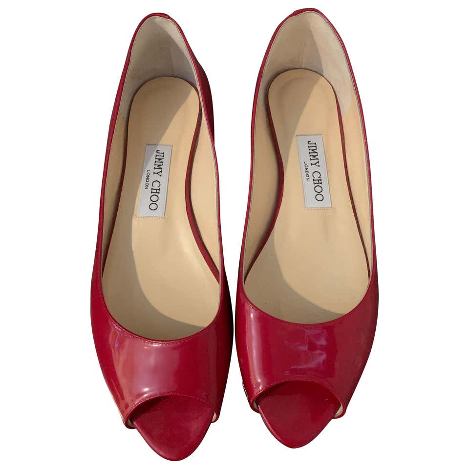 Jimmy Choo Red Patent Peep Toe Flats Size 40 For Sale at 1stDibs