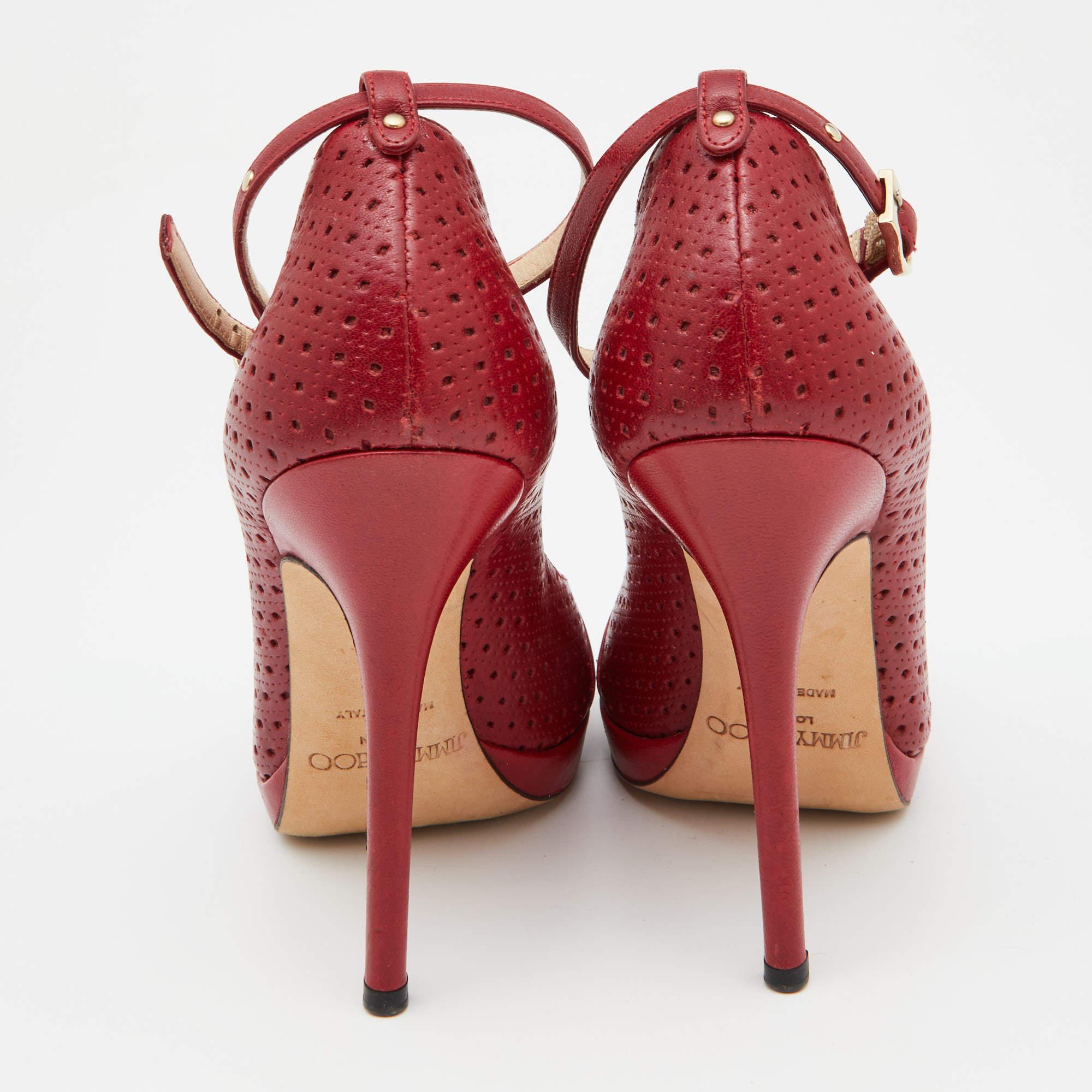 Women's Jimmy Choo Red Perforated Leather Peep Toe Pumps Size 35