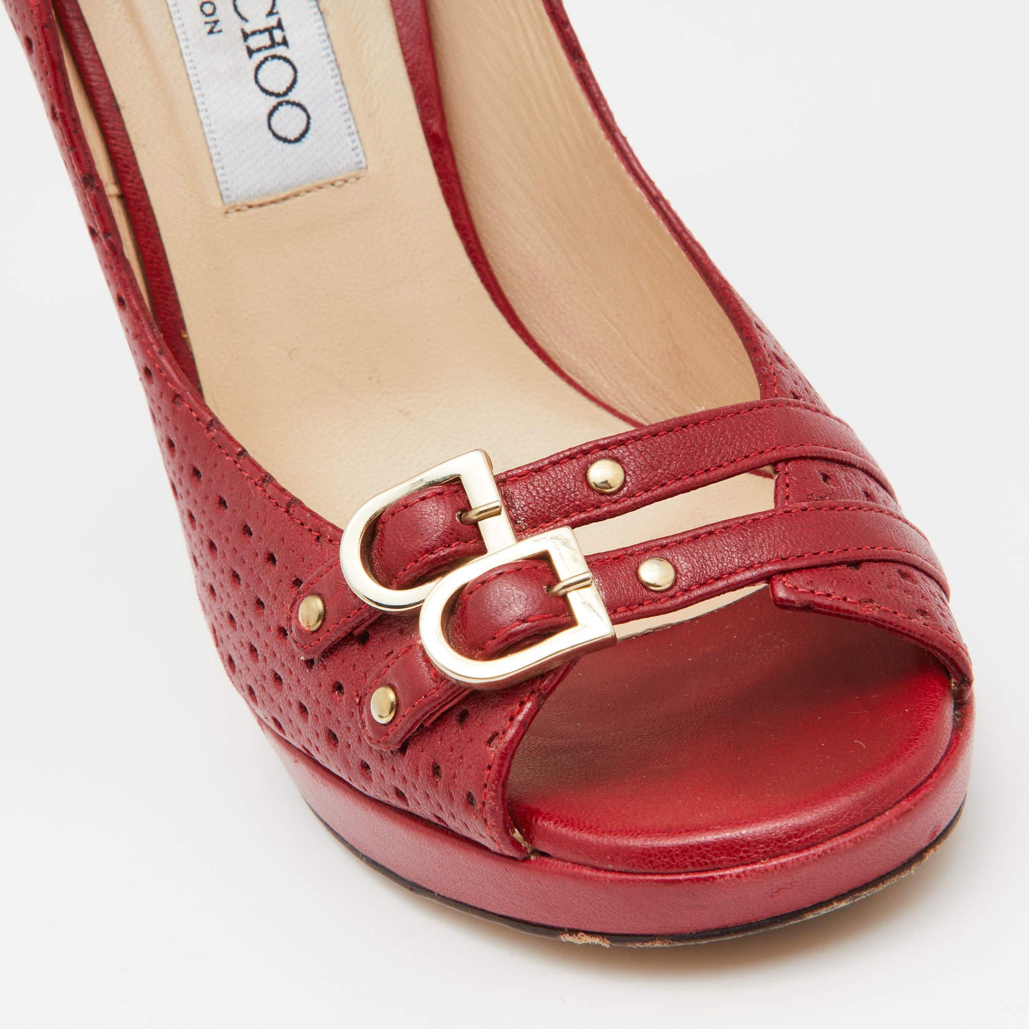 Jimmy Choo Red Perforated Leather Peep Toe Pumps Size 35 1
